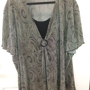 Black and grey swirl pattern front cinch (plastic ring) fashion top.
